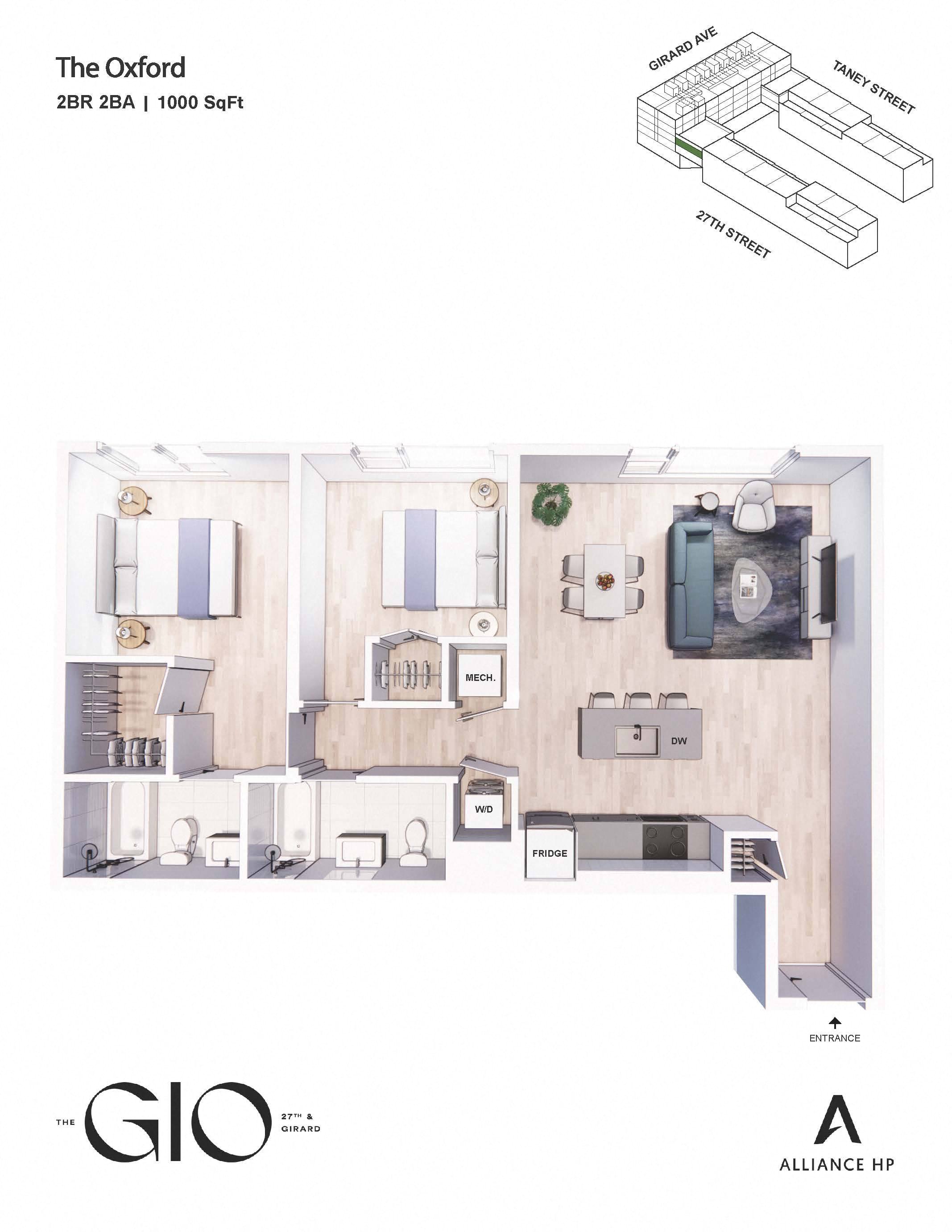 Floor plan for 2 beds, 2 baths, 1000 sqft